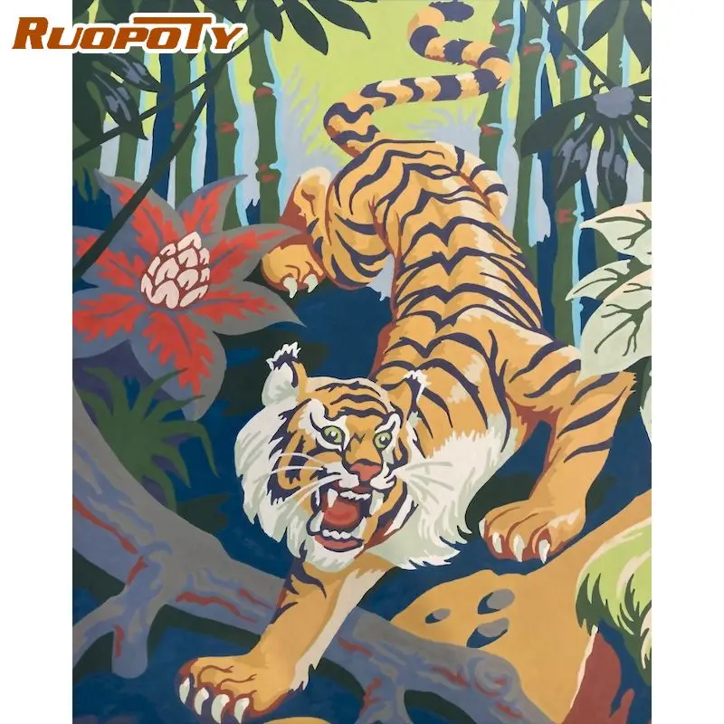 

RUOPOTY DIY 50x65cm Tiger Animals painting by numbers paints on Canvas Handpainted Acrylic Modern Wall Art Picture 40x50cm