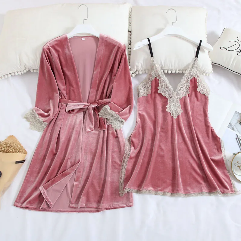 Золотой бархат 2 шт. халат для женщин сексуальное кружевное платье комплект
