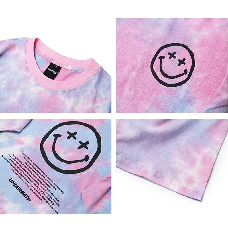 

Harajuku Style Fashion Men Tees Smile Face Print Colorful Short Sleeve O-neck T-shirt Summer Casual Loose Streetwear T-shirt