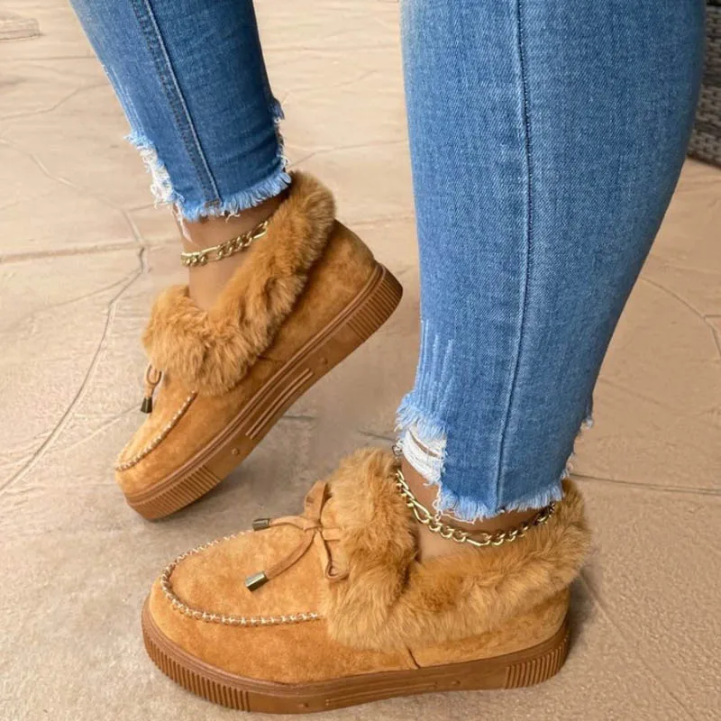

Leather Wool Winter Flat Shoes Woman Warm Snow Boots Ladies Fur Ankle Boots Plus Size Bee Fashion Moccasins Footwear 2020 New