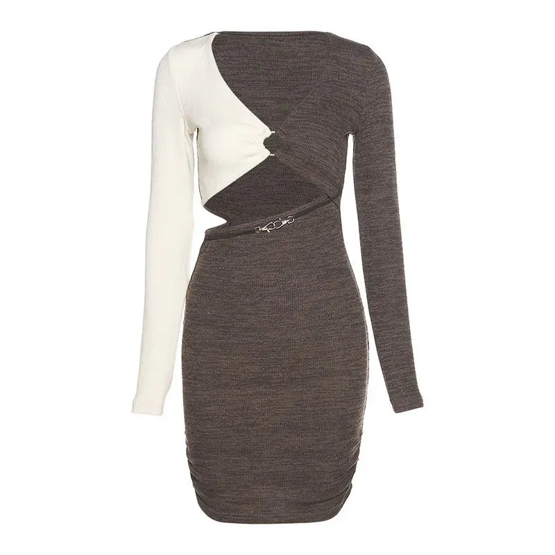 

HOUZHOU Long Sleeve Bodycon Cut Out Mini Dress Sexy Sheath V-Neck Elegant Fashion Knitted Robe Moda Feminina Verao 2021