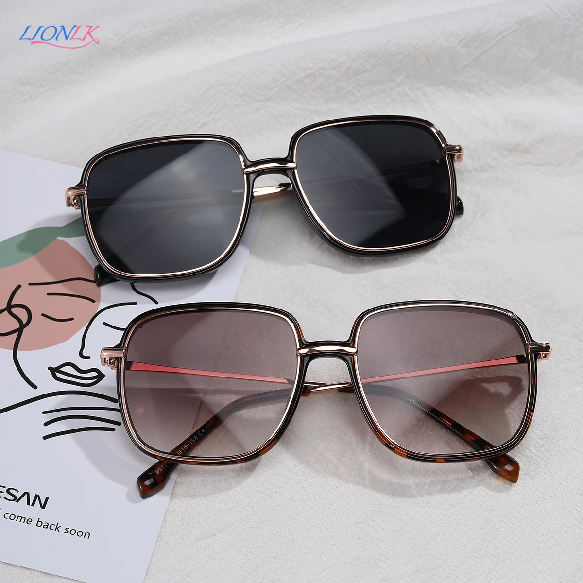 

LIONLK Fashion Women's Sunglasses Brand Square Oversized Frame Anti-Glare UV400 Luxury Designer Sun Glasses NEW 2021 Pink Black