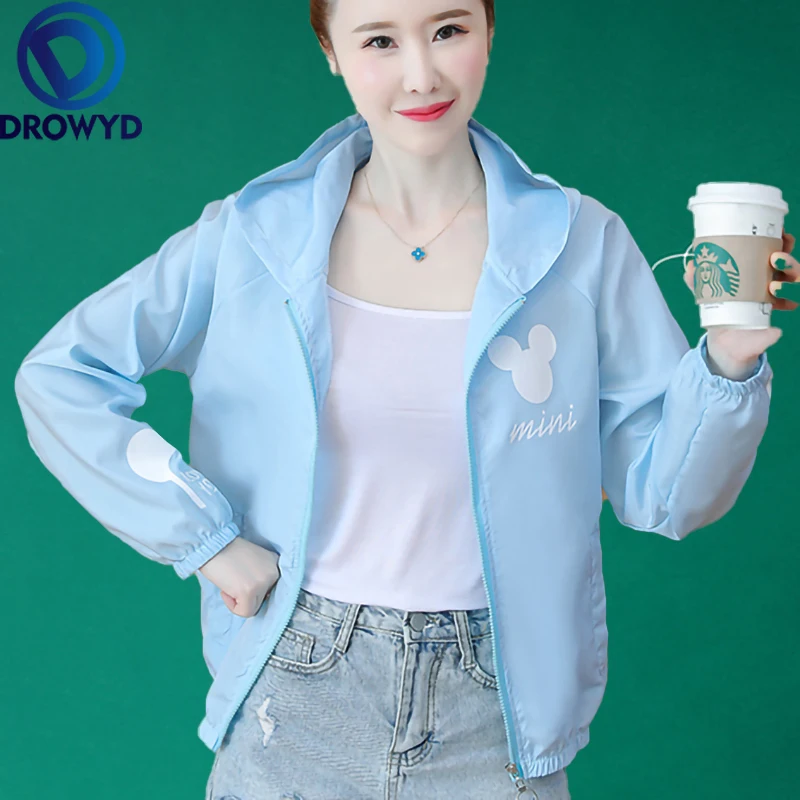 

Summer Letter Print Hooded Thin Baseball Jacket Women Casual Long-sleeve Bomber Tops Breathable Sunscreen Cardigan Loose Coat