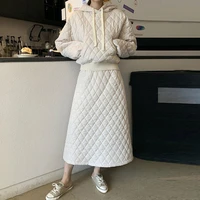new women winter diamond quilted jacket cotton padded warm hooded pullover 2 piece sets high waist long skirt solid suit female