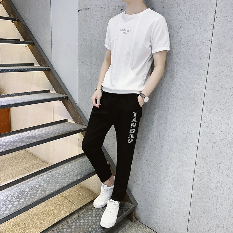 

2021 summer new leisure sports suit men's short sleeve T-shirt Korean leisure pants two piece ice silk suit