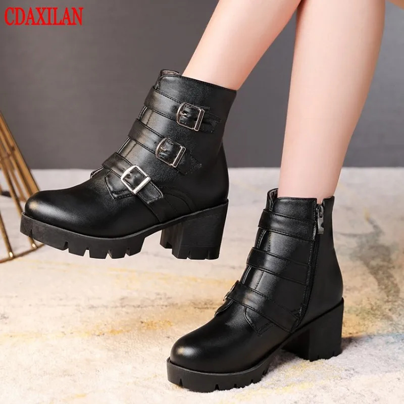 CDAXILAN new to women's boots PU Leather side zipper square heels ankle spring autumn winter ladies mptorcycle | Обувь