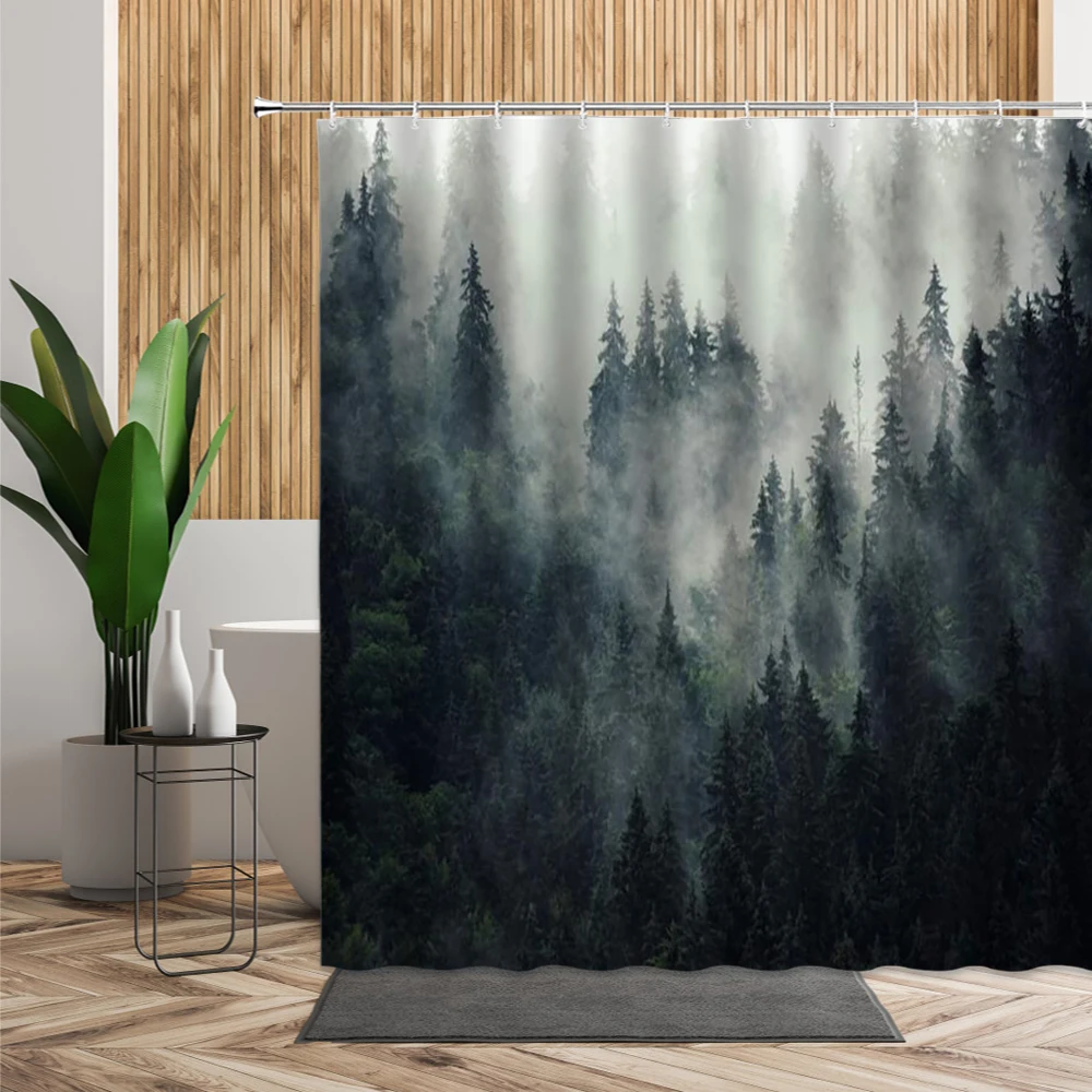 

Forest Fog Printed Bath Shower Curtain Pine Tree Woods Scenery Bathroom Decor Hanging Fabric Curtains With Hooks Wall Decoration