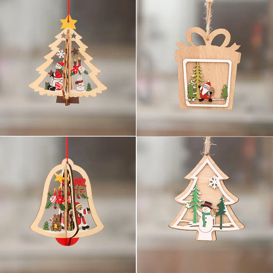 

New Year 2D 3D Christmas Tree Pendant Ornament Wooden Hanging Pendants Star Xmas Tree Bell Christmas Decorations Decor for Home
