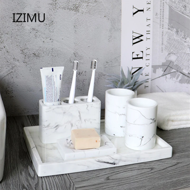 izimu light luxury marble stripe resin wash set soap dispenser gargle cup toothbrush holder soap dish bathroom bath supplies free global shipping