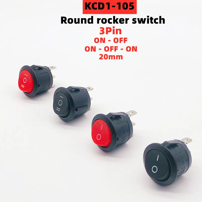

5PCS KCD1 Round Black red 3Pin SPST 3 Position ON-OFF-ON 2 Position ON-OFF Rocker Boat Switch 6A 220V 10A 125V NO LED 20mm