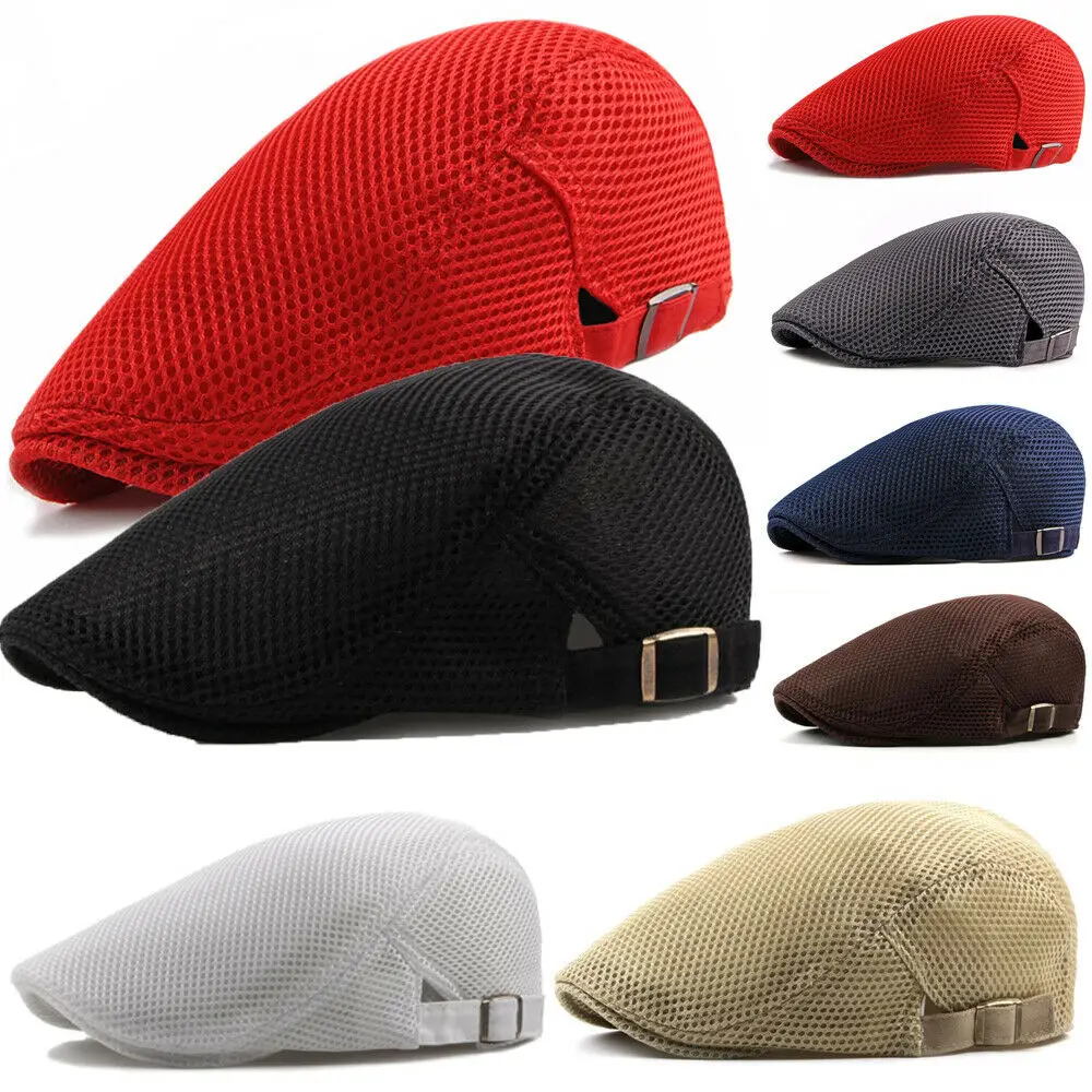 

Fashion Men Women Flat Cap Mesh Summer Golf Driving Sun Beret Cabbie hat Breathable French Style 7 colors