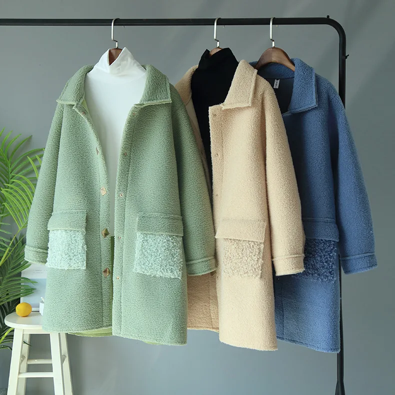 Осенне зимние модные корейские женские ретро пальто из овечьего меха с длинными