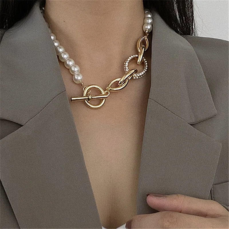 

Pearl Necklace Short Chain 2021 New European and American Crystal Metal Clavicle Chain Female