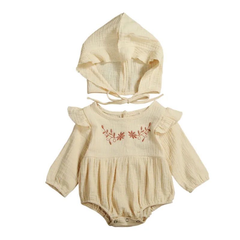 

Newborn Baby Girls Clothes Cotton Embroidery Long SLeeve Jumpsuit Bodysuit+ Hat Winter Clothes 2PCS Outfits Set