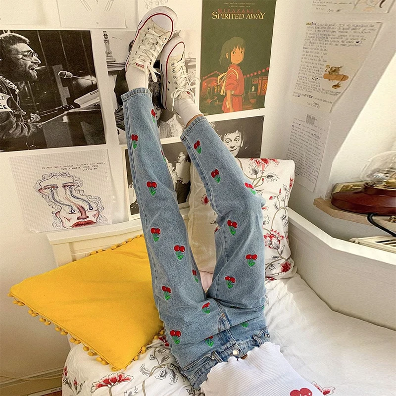 Джинсы Rockmore женские с вышивкой вишни винтажные брюки-карандаш завышенной талией