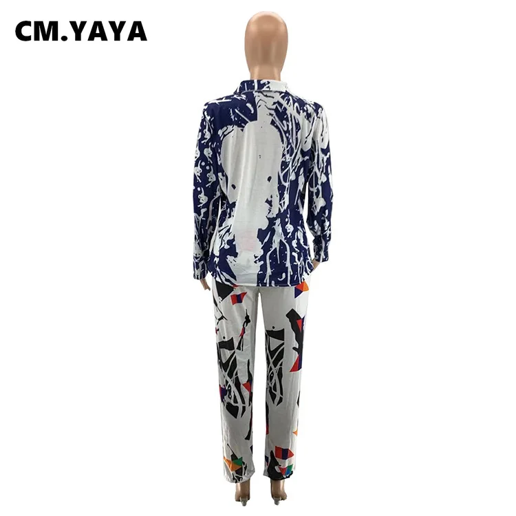 

WenQing Print Full Sleeve Single Button Full Length Straight Pant 2 Piece Set Women Turn-down Collar Two Piece Outfit Fashion