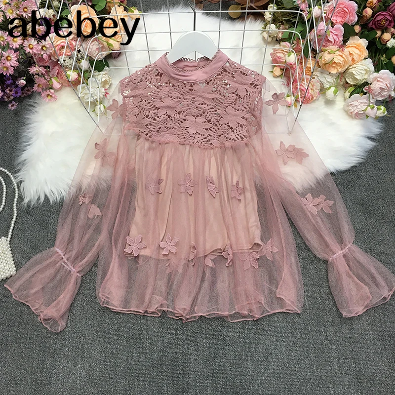 

2021 New Spring Temperament All-match O-neck flare sleeve Blouse lace hook flower hollow out Shirt Top