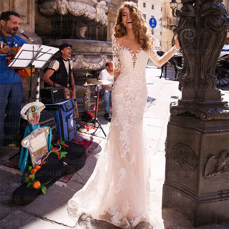 

Mermaid wedding dress white/Ivory/Champagne dress with Ivory lace vestido de noiva FLOOR length brush train robe de mariee 2019