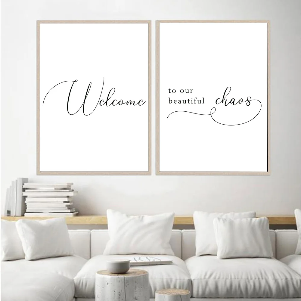 

Line Words Drawing Picture Welcome To Our Chaos Home Decor Nordic Black White Canvas Painting Wall Art for Living Room