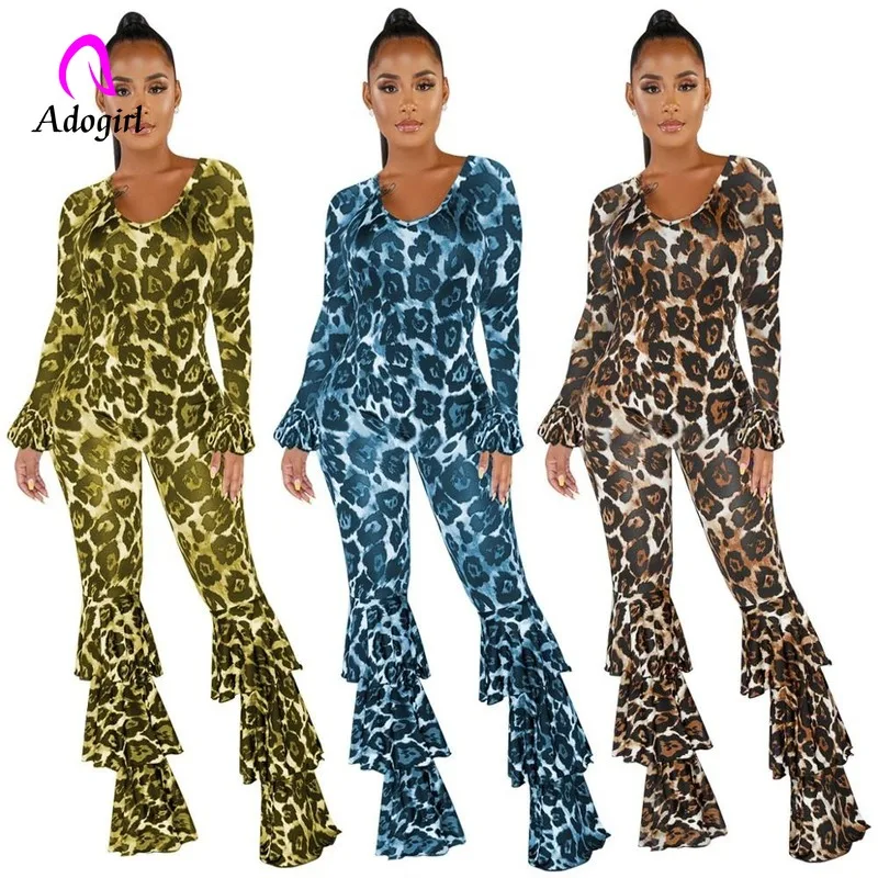 Женский винтажный комбинезон с леопардовым принтом длинным рукавом и круглым