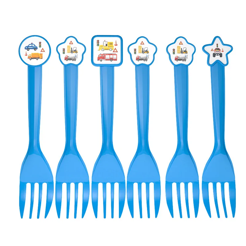 fork 6pcs Мультфильм автомобиль вечерние одноразовая посуда тарелка Салфетка скатерть чашки строительная техника ко дню рождения украшения, товары для вечеринки - Цвет: fork 6pcs