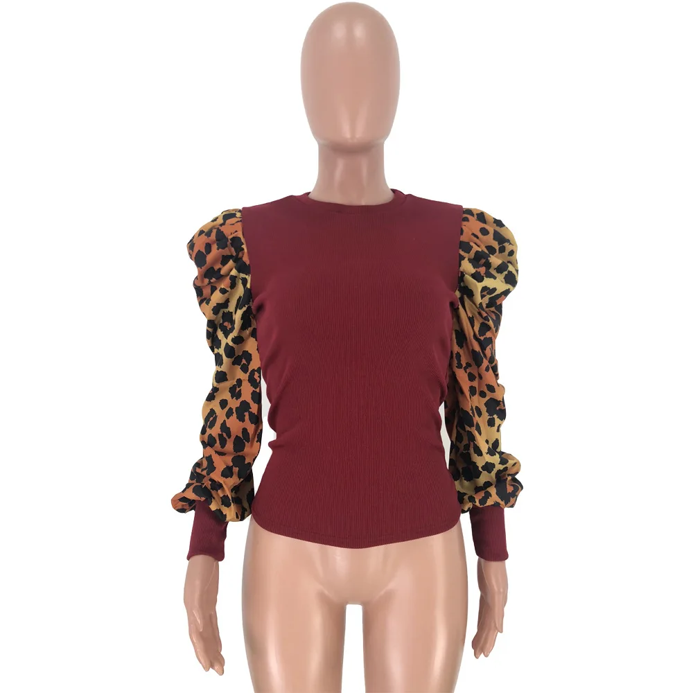 Casual Leopard Print Sweater Puff Sleeve Top Knitted Femme Autumn And Winter For Women Office Lady Black Burgundy Blue | Женская одежда