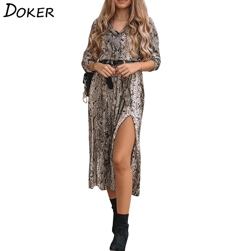2020 новое летнее шифоновое платье рубашка со змеиным принтом средней длины с