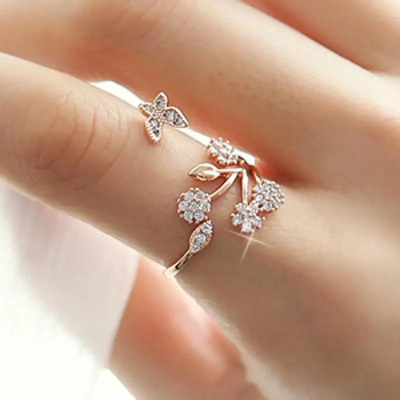 

Crystal Decoration Butterfly Tree Leaf Wedding Rings for Women Fashion Jewelry Gold Silver 2Colors Adjustable Design Finger Ring
