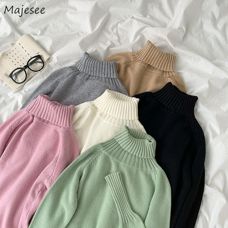 

Пуловер свитер Женские однотонные с высоким, плотно облегающим шею воротником с длинными рукавами одежда в простом повседневном Однотонна...