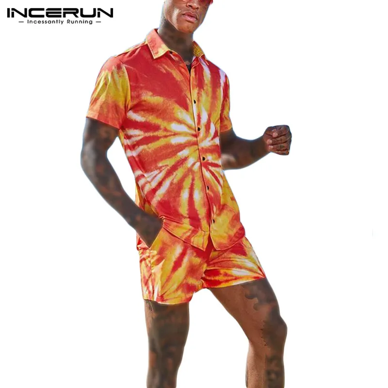 

INCERUN 2021 Summer Printed Men Sets Short Sleeve Lapel Shirts Elastic Pockets Shorts Suits Hawaiian Beach Casual Man Suits 5XL