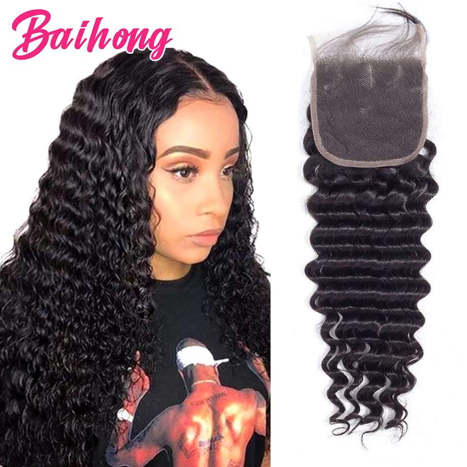 

Deep Wave Swiss Lace Closures Only Brazilian Natural Smooth Virgin Human Hair Cheap 4x4 Pre Plucked Top Curly Closure BAIHONG