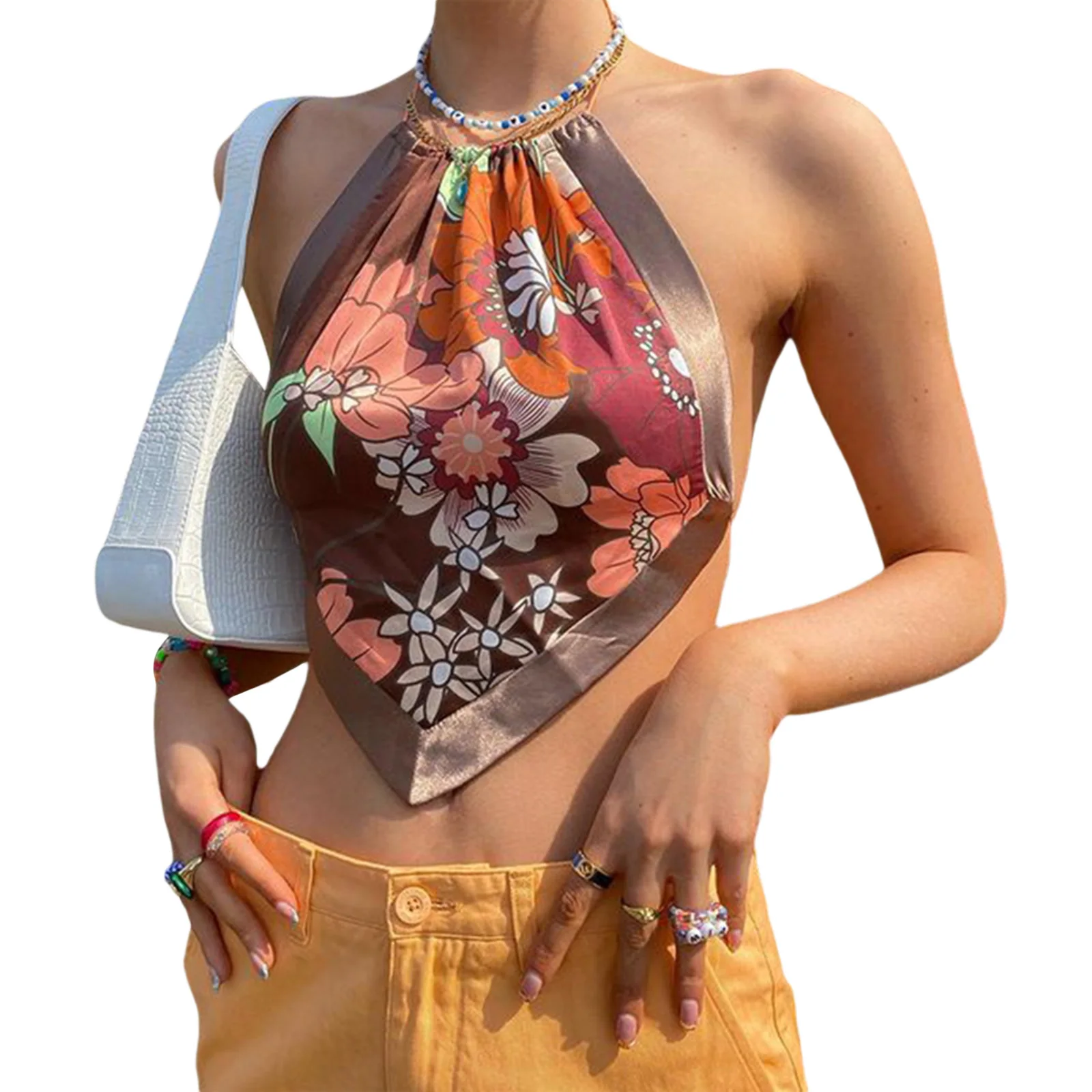 

2021 Fashion Sexy Women's Halter Crop Cami Tops, Bohemian Sleeveless Floral Print Self Tie Backless Camisole