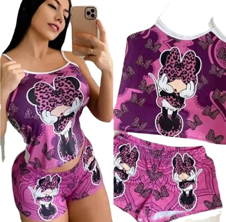 

Summer Purple casual Cute Cartoon Printed top & Short Suit women 2 piece set