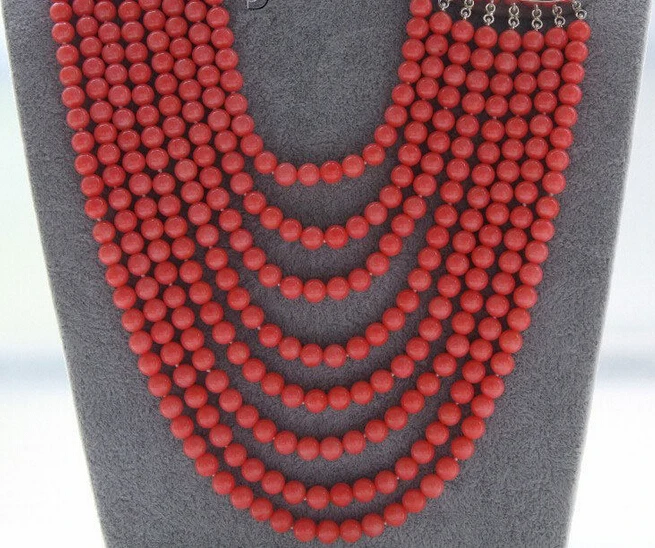 ++++ 150401 J0019 16&quot-23&quot 8row 7mm round pink coral beads necklace free shipping USPS to ISA RUSSIA | Украшения и