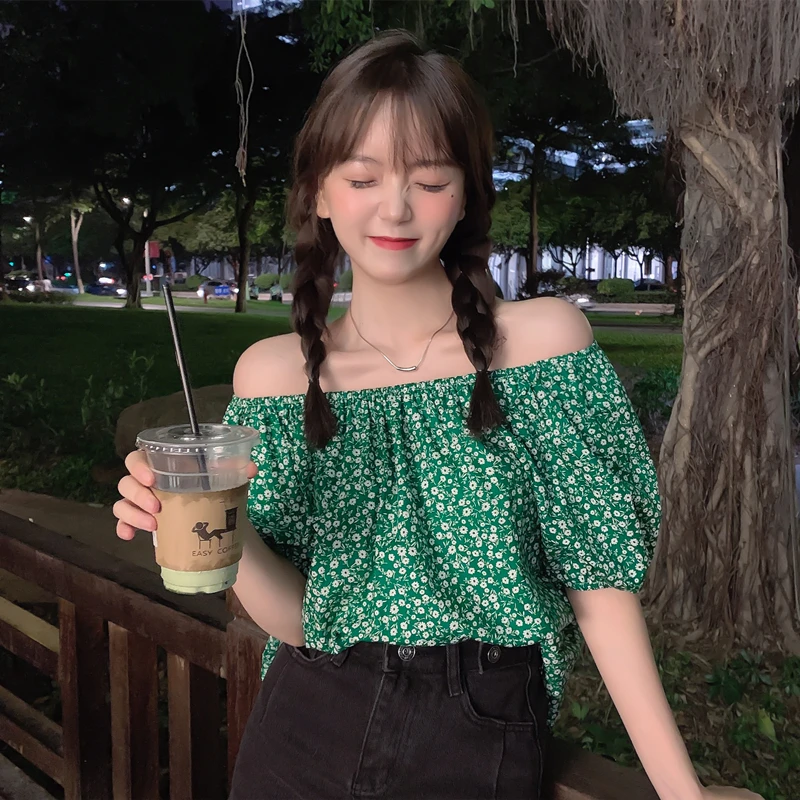 

One-shoulder Puff Sleeve Floral Chiffon Shirt 2021 Summer Women's Short-sleeved Loose Print Blouses Sexy Strapless Top Femme