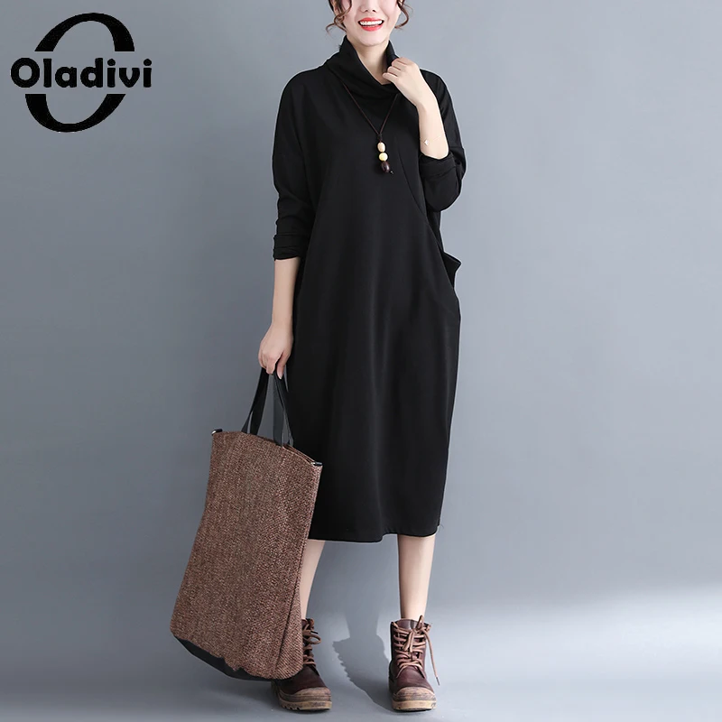 

Oladivi Turtleneck Long Sleeve Dress Oversized Women Casual Loose Large Size Solid Dresses Spring Autumn Female Vestidios 6566