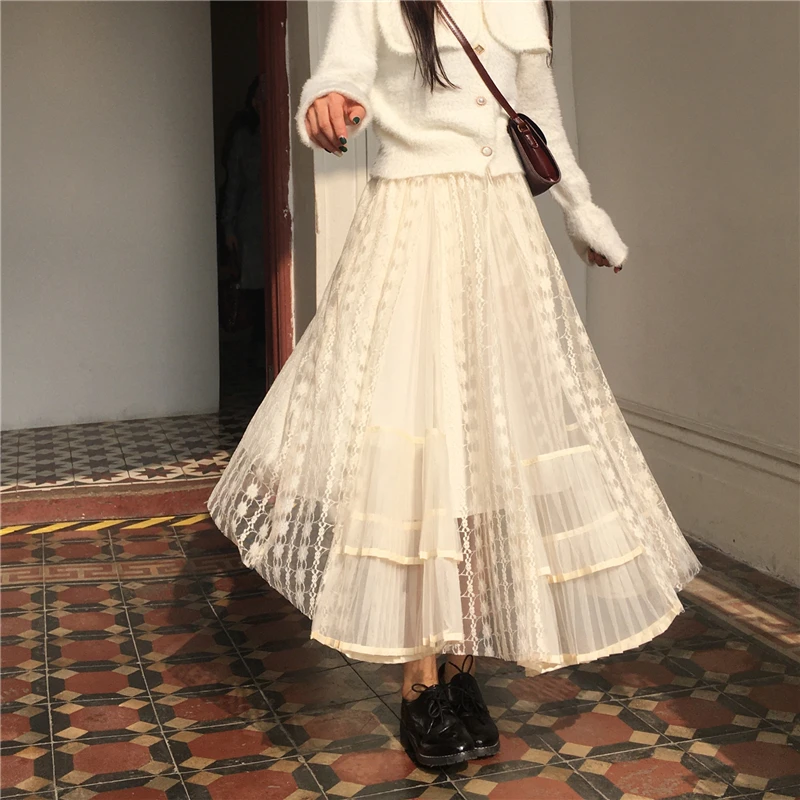 

Cyanlee 2020 Summer Sweet Cake Layered Long Mesh Skirts Women High Waist Lace Tulle Pleated Skirt Female Slim Black Pink Skirts