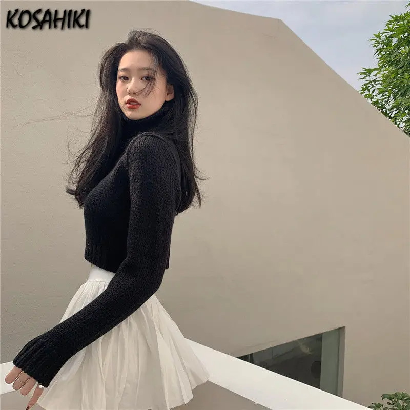 

KOSAHIKI Women Knitted Sweater Spring Autumn Vintage Turtleneck Crop Sweaters Ladies Heart Hollow-out Y2k Pullover Tops Korean