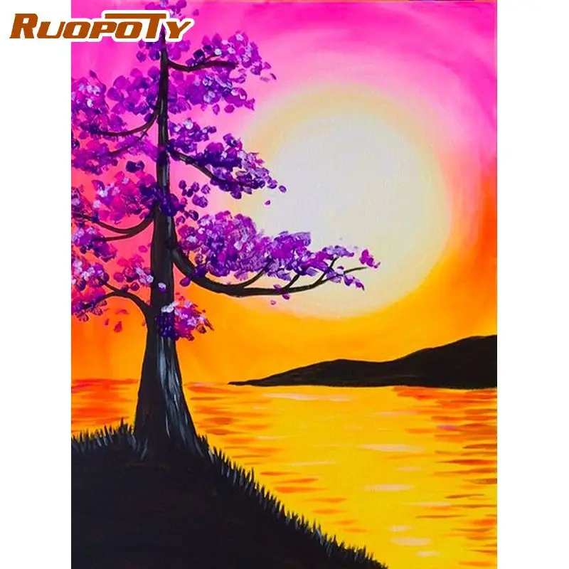 

RUOPOTY Paint By Numbers For Adults With Frame 60x75cm Modern Purple Tree Scenery Drawing Coloring By Numbers For Diy Gift