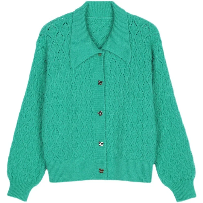 

Однотонный вязаный кардиган в полоску в стиле ретро с лацканами, Осень-зима 2022, модный новый свитер с длинными рукавами, женская Свободная к...