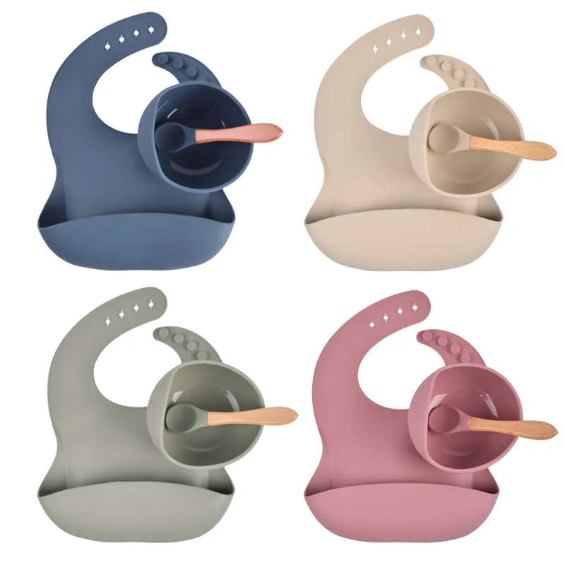 

Baby Silicone Bowl Bibs Set Non-slip Children's Suction Plate Wooden Handle Silicone Spoon Bibs Dishes Baby Feeding Tableware