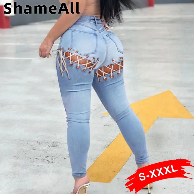 

Plus Size Sexy Buttock Lace Up Blue Ripped Skinny Indie Jeans 3XL Street Women Push Up Butt Bandage Distressed Denim Pencil Pant