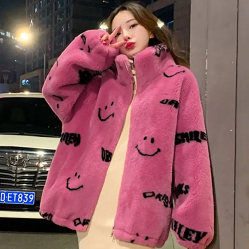 New Winter Women Real Fur Coat Smiley Print h Jacket Fashion Korean Soft Thick Warm Women's Outerwear Streetwear Y798