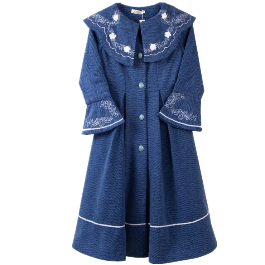 Осенне-зимнее винтажное шерстяное пальто с вышивкой женское тонкое однобортное |