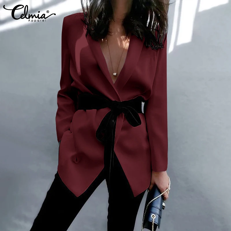 

Celmia Elegant Sexy Deep V Neck Jackers Suits Bandage Solid Women Casual Blazer 2022 New Fashion Suit Collar Streetwear Blazer