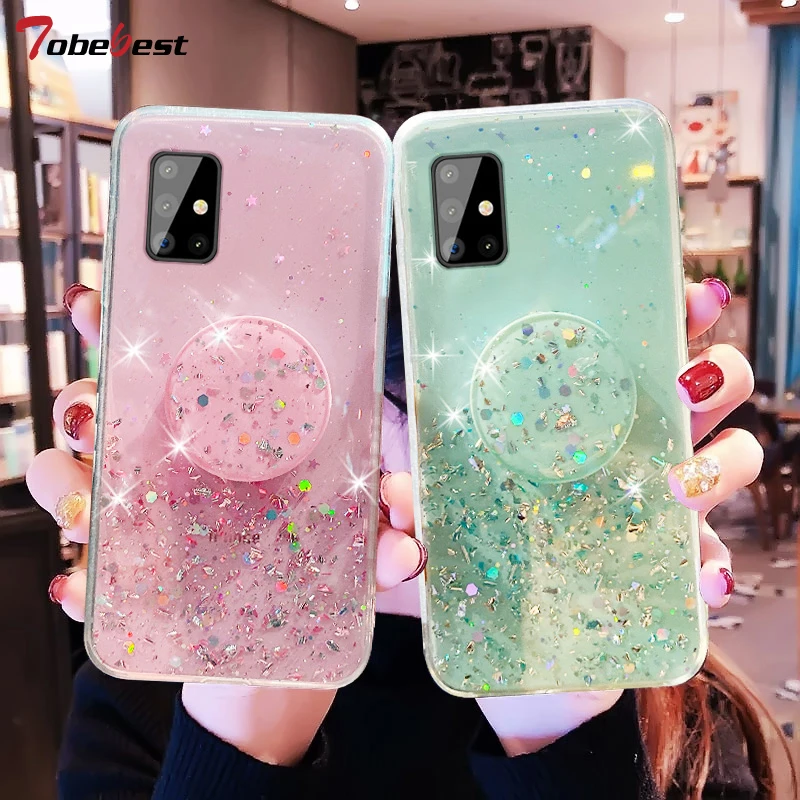 Bling Glitter Silver Foil phone holder Case For Samsung Galaxy A51 A71 A01 A11 A21 A21S A31 A41 A81 A91 M31 M51 Silicone Cover