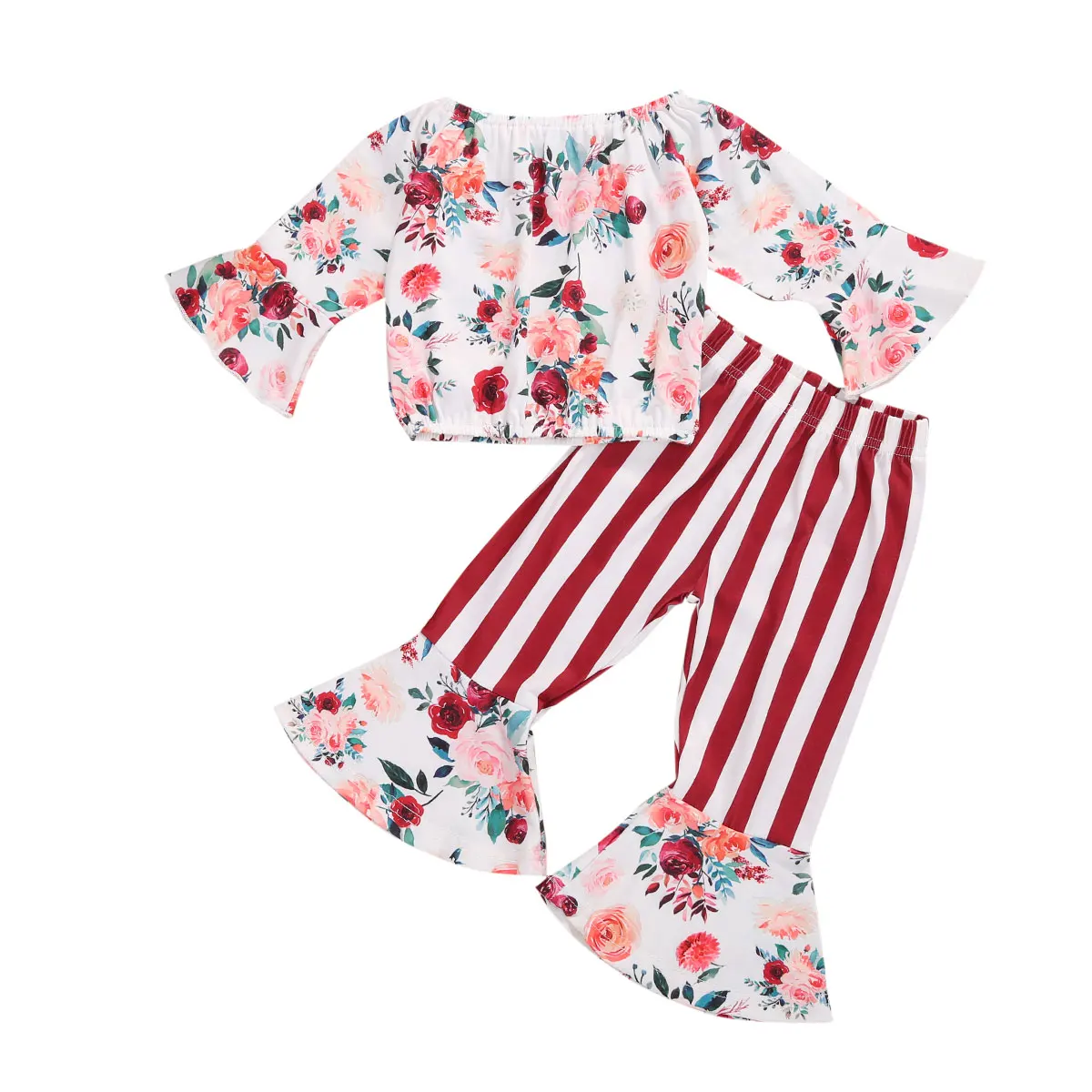 

Костюм с длинными рукавами для маленьких девочек, футболка с цветочным принтом и вырезом лодочкой и длинные брюки-трубы с эластичной полосо...
