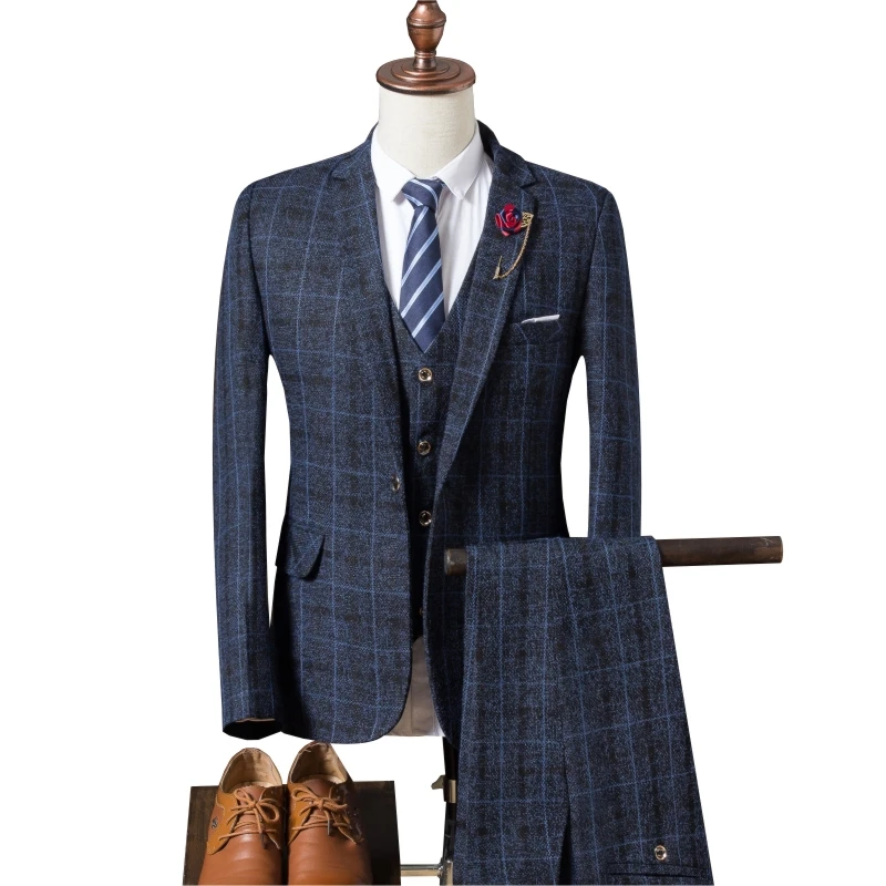 

(Jacket + vest + pants) 2019 men's slim suit, high-end business plaid suit jacket, men's wedding banquet dress three-piece