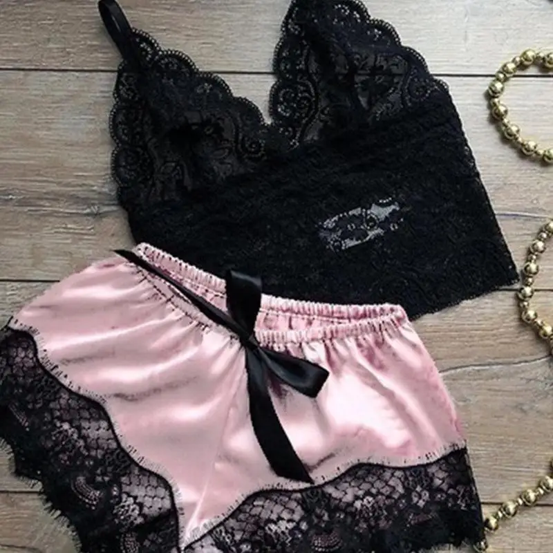 Женская Сексуальная атласная пижама Черная кружевная Пижама с v образным вырезом