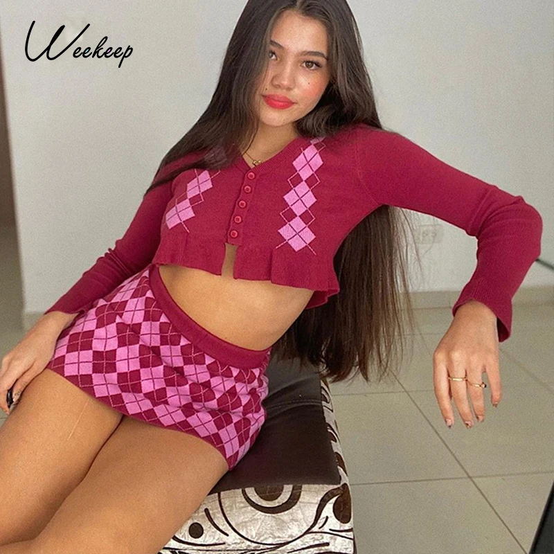 

Weekeep Argyle Plaid Preppy Style Knitwear Cardigans Women Streetwear Short Sweater Fall Winter Ruffle Buttons Jumpers For Girls